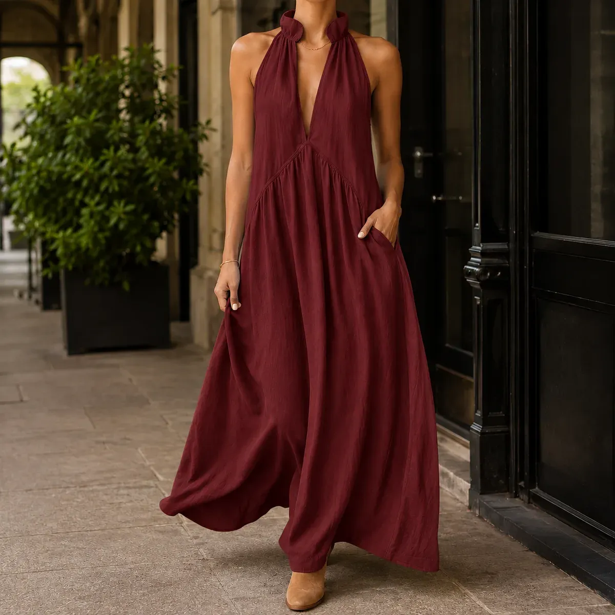 Maia Halter Maxi Dress in Rich Burgundy