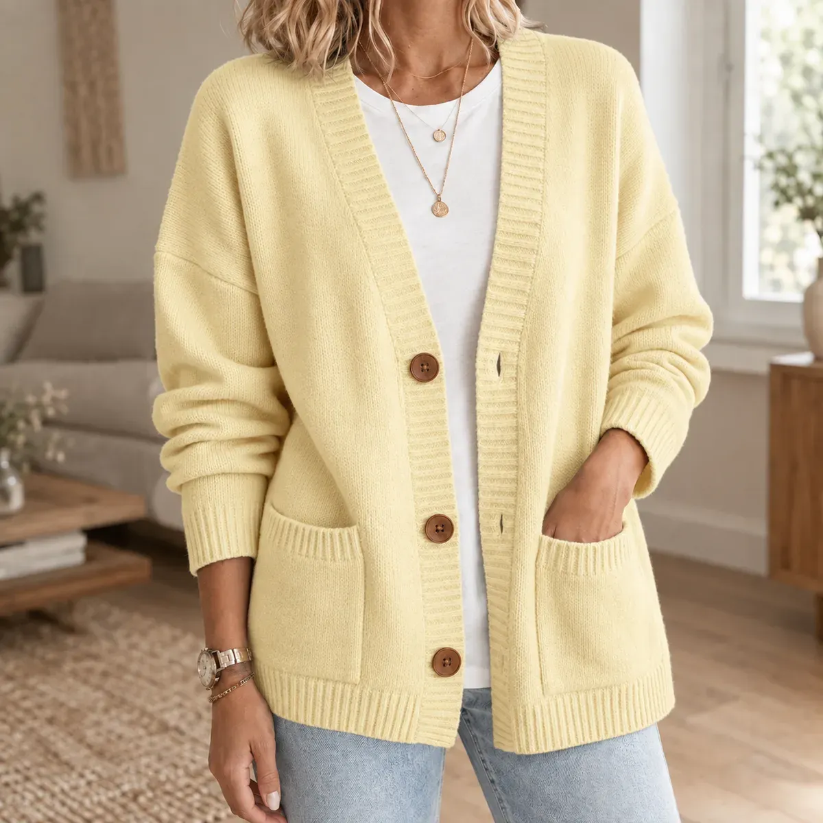 Stephanie-Claire Ribbed Cardigan in Light Yellow