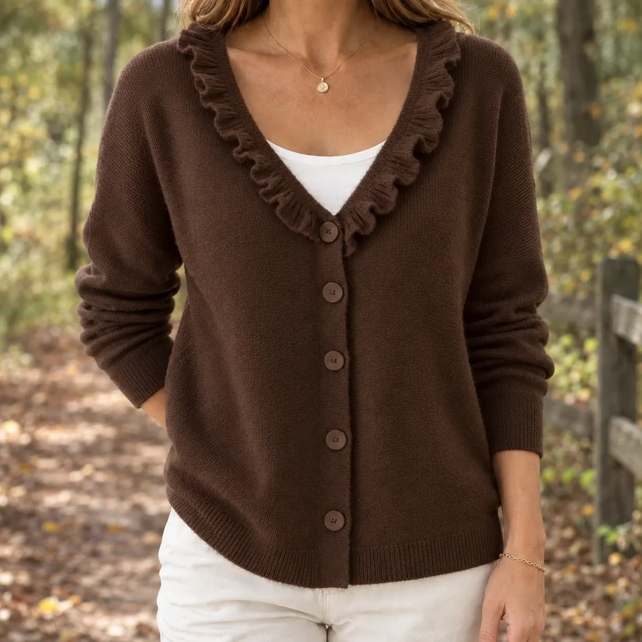 Severine-Claire Ruffle Cardigan in Dark Brown