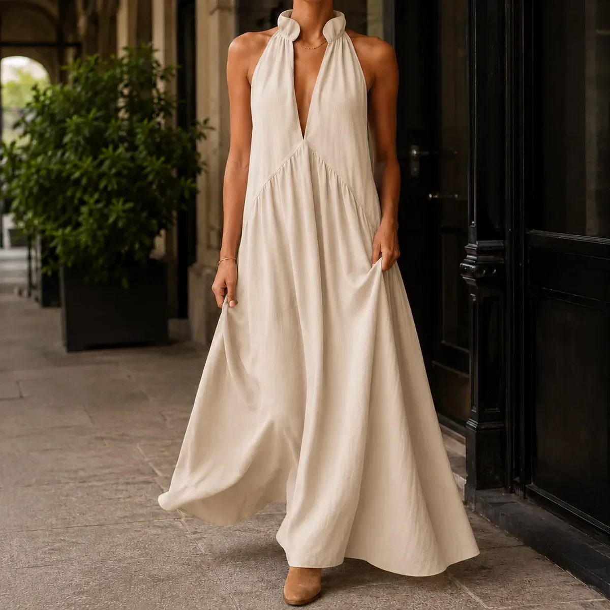 Maia Halter Maxi Dress in Neutral Beige