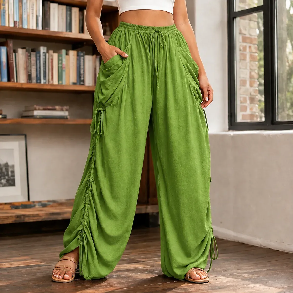 Caroline Ruched Harem Pants in Green