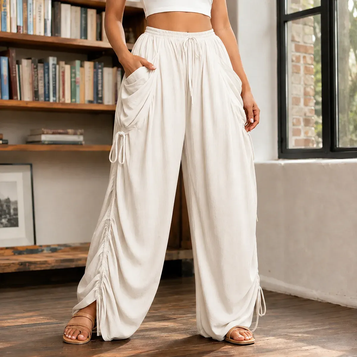 Caroline Ruched Harem Pants in White