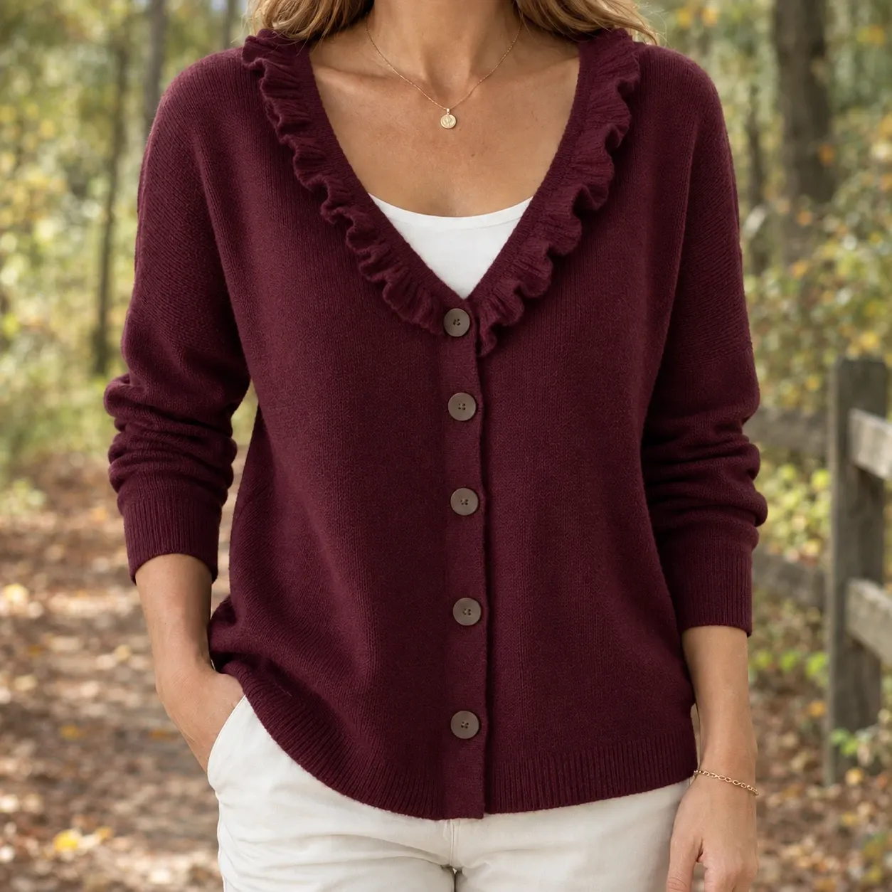 Severine-Claire Ruffle Cardigan in Wine Red
