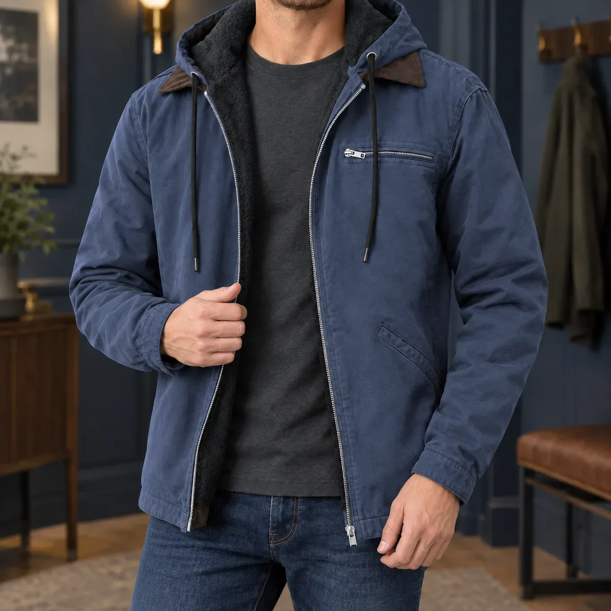 Fabian Hooded Jacket in Navy Blue