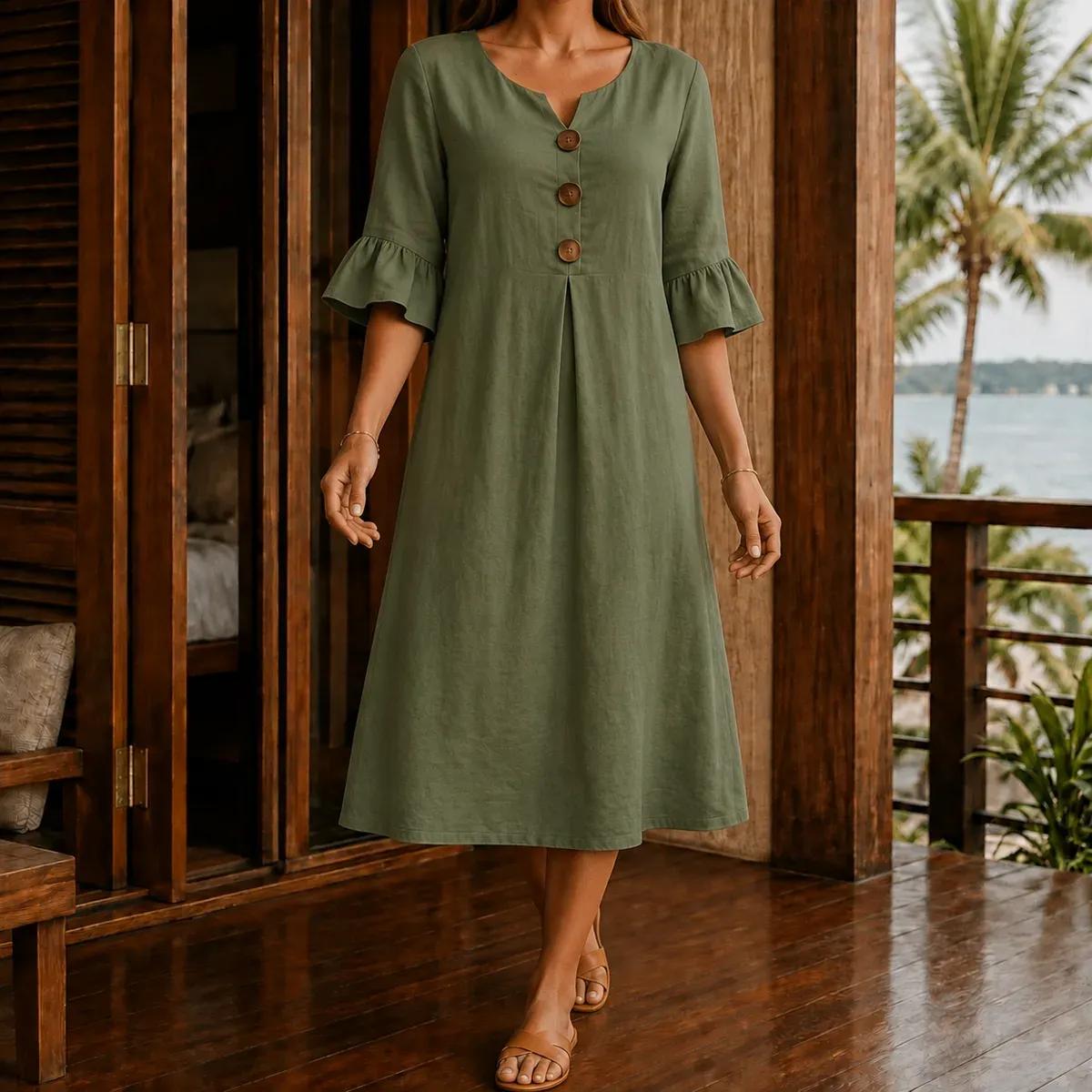 Eden Relaxed Midi Dress in Olive