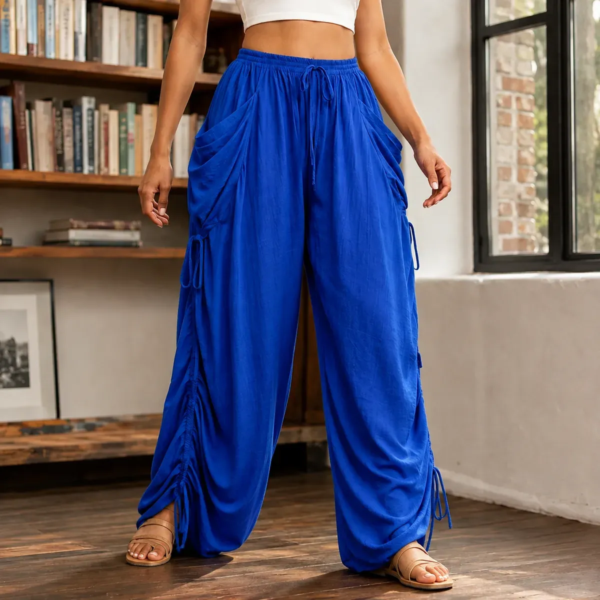 Caroline Ruched Harem Pants in Blue
