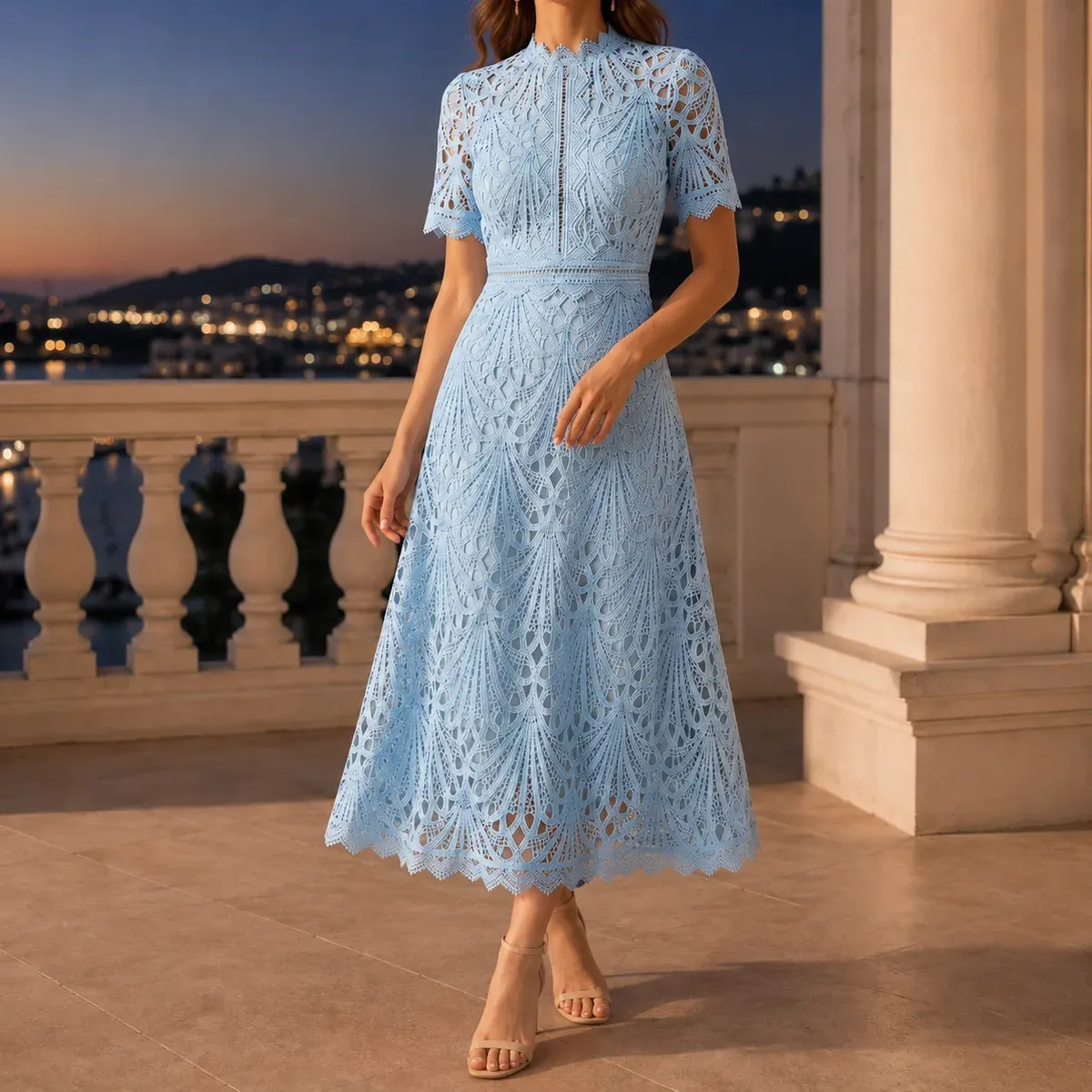 Priscilla High Neck Dress in Light Blue