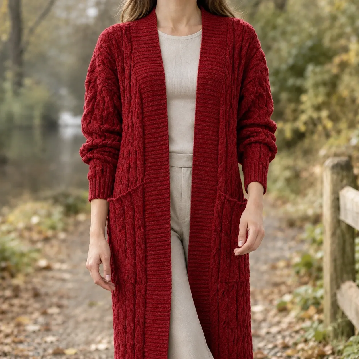 Paloma Cable Knit Cardigan in Deep Red