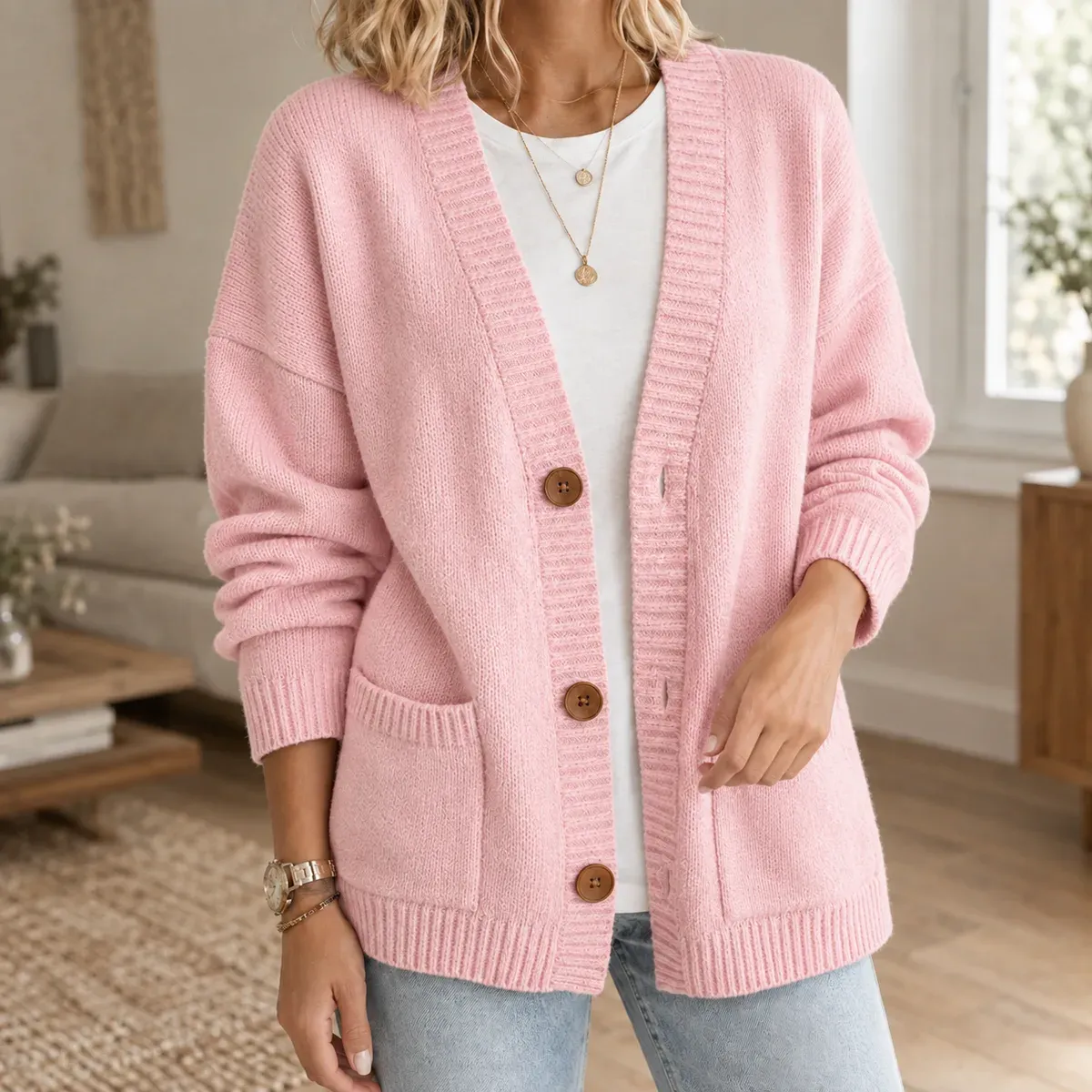 Stephanie-Claire Ribbed Cardigan in Light Pink