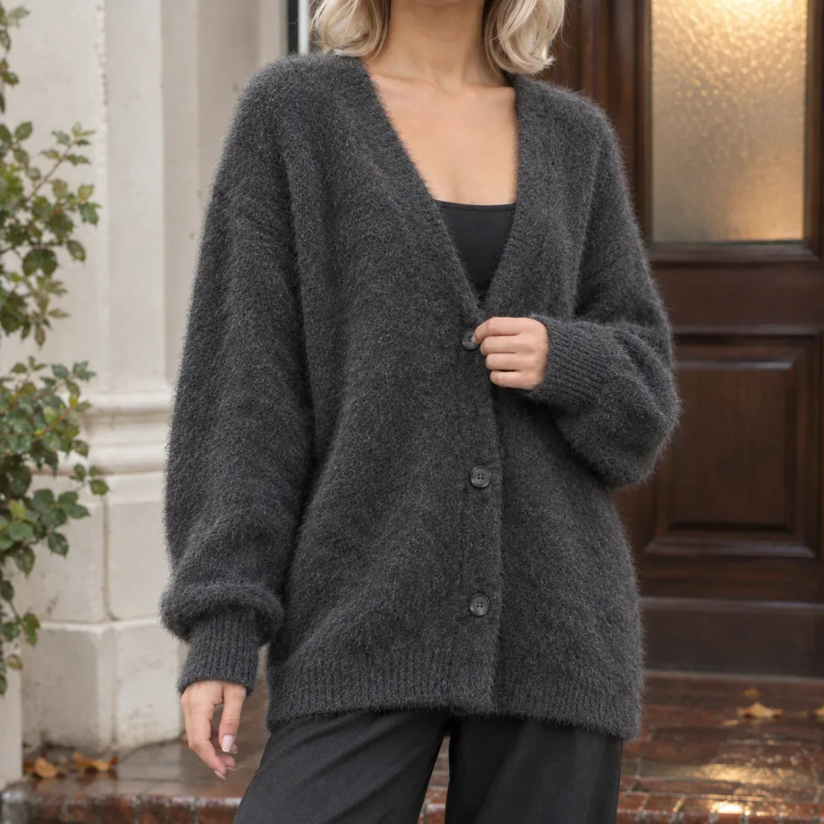 Raven-June V Neck Cardigan in Dark Gray