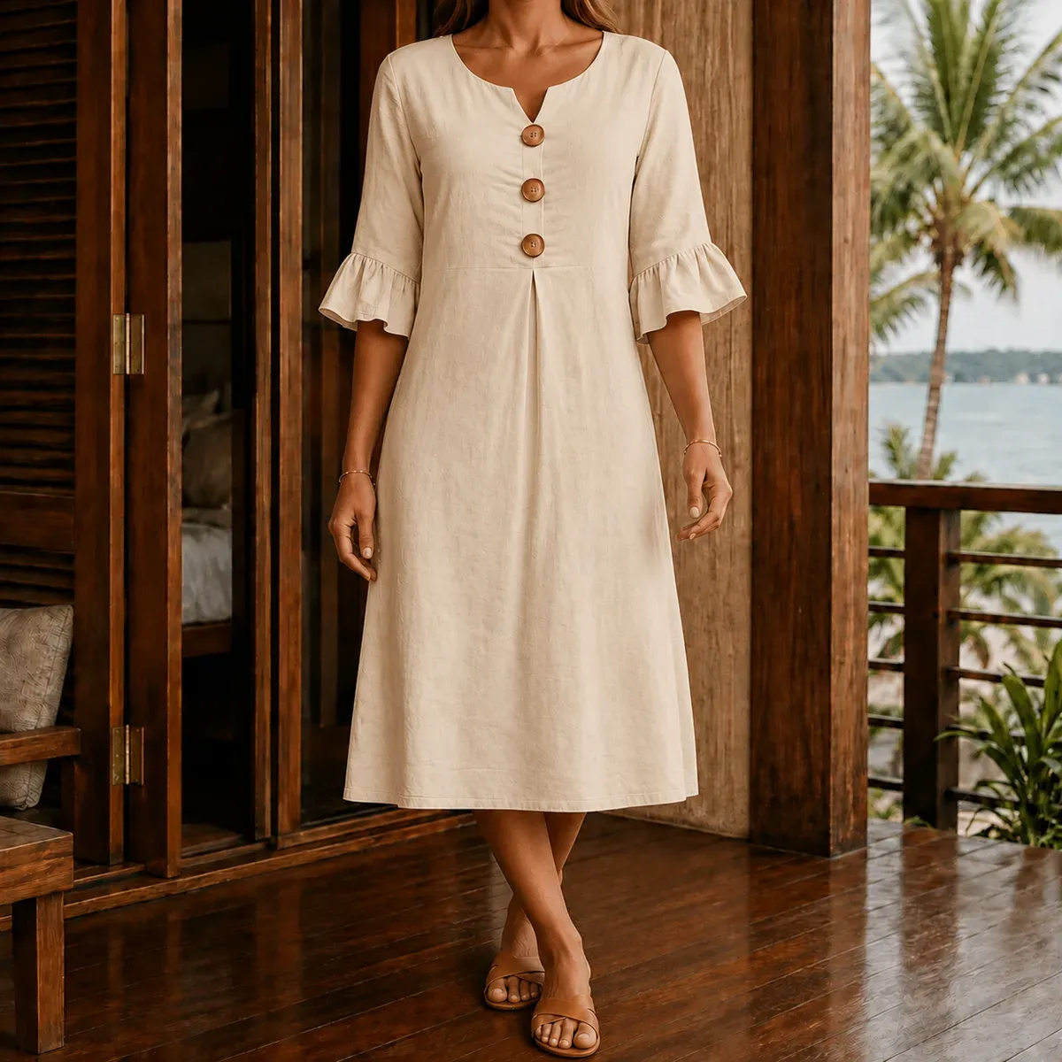 Eden Relaxed Midi Dress in Beige