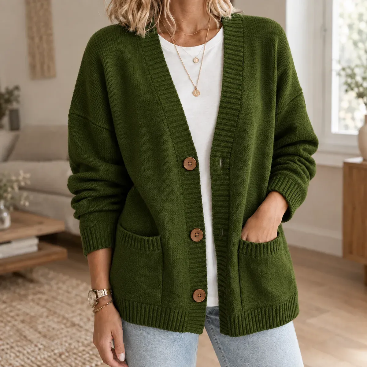 Stephanie-Claire Ribbed Cardigan in Dark Green