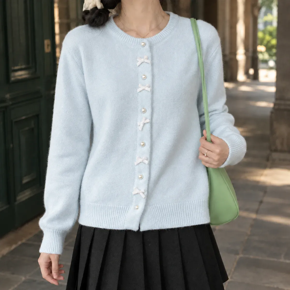 Grace-Eve Bow Cardigan in Light Blue