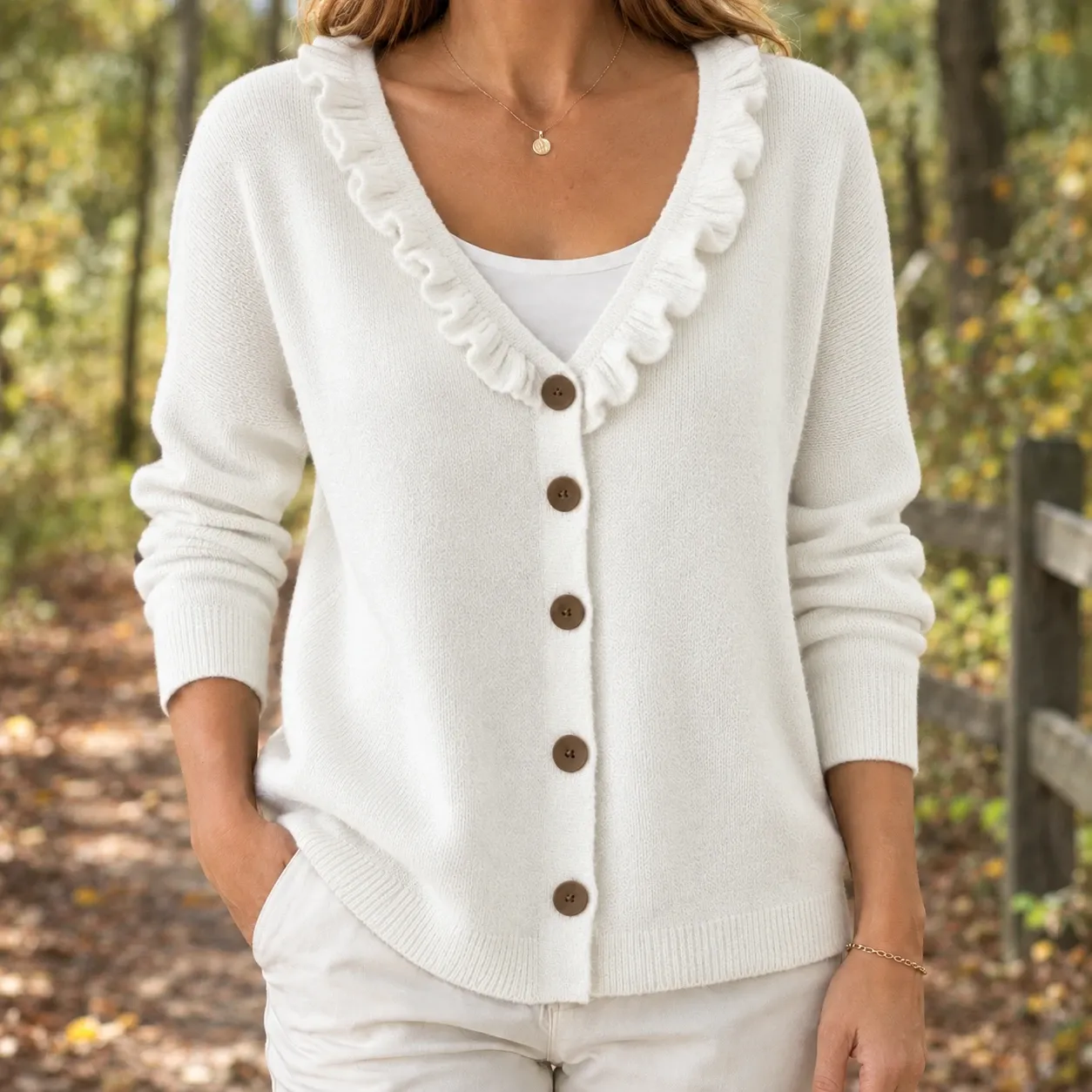 Severine-Claire Ruffle Cardigan in White