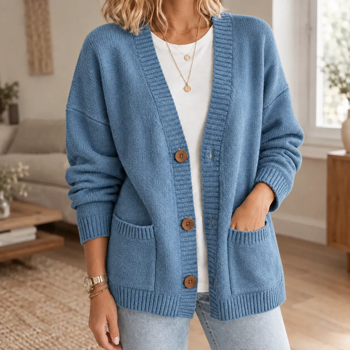 Stephanie-Claire Ribbed Cardigan in Blue